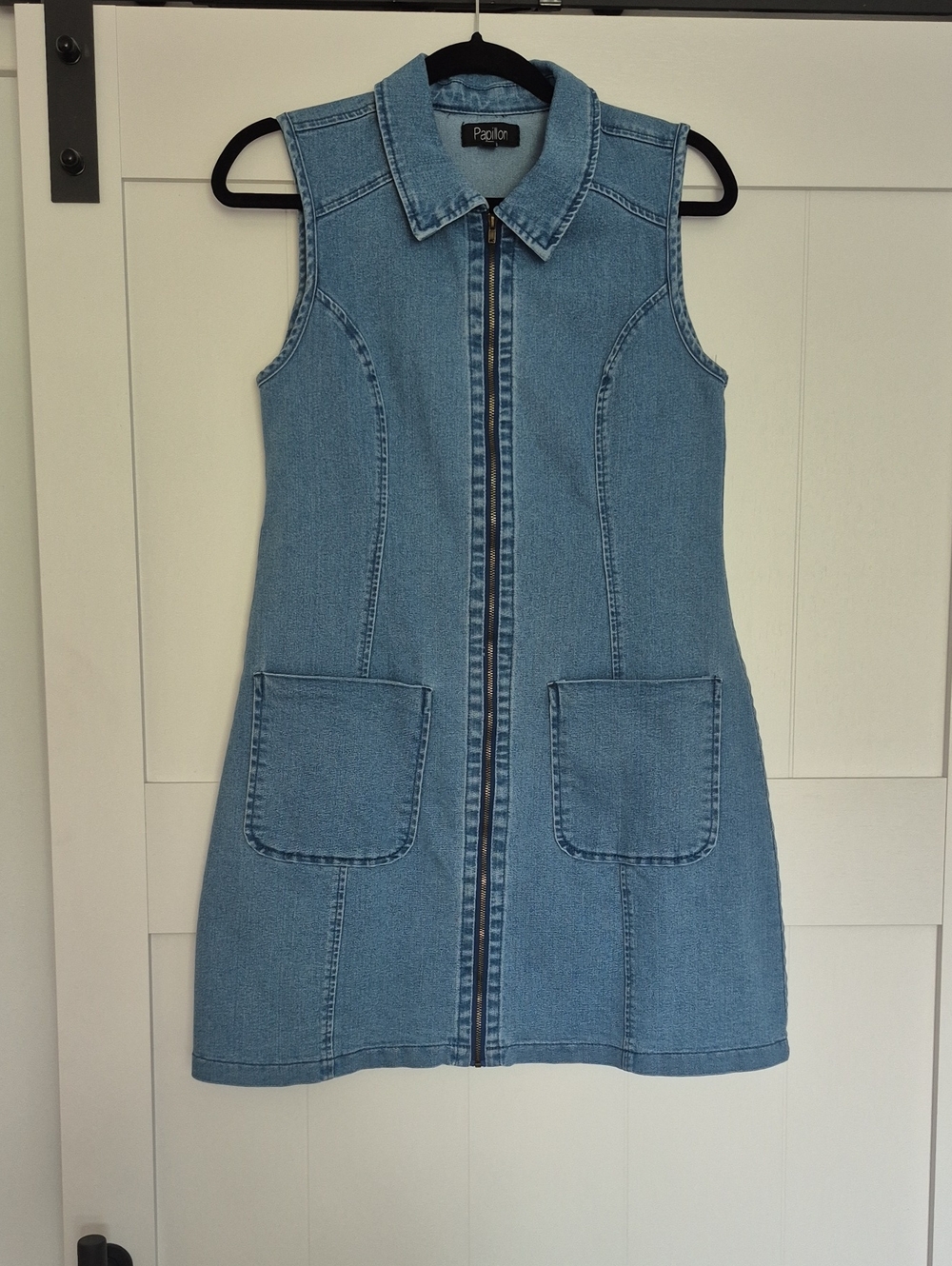 Papillon Blanc Light Blue Denim Midi Dress with Front Zip